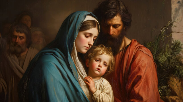 Beautiful scene of the Holy Family, Jesus, Mary and Joseph, created with Generative Ai technology.