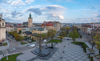 Panoramic aerial view on Lviv from drone