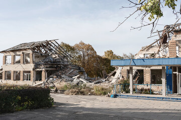 A school in the Ukrainian villages was destroyed after a Russian missile hit (concept: war)