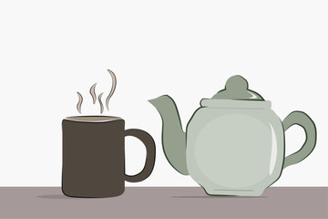 vector illustration of teapot and mug. 