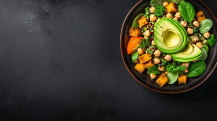 Top view of a salad with avocado quinoa sweet potato