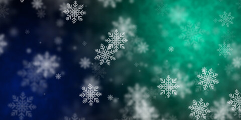 Abstract dark blue and light green background with flying snowflakes - obrazy, fototapety, plakaty