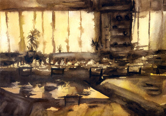 A cafe hall illuminated by the bright sun, painted in watercolor