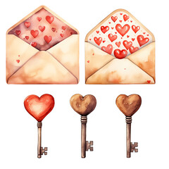 Collection of watercolor paper envelopes and keys, Valentine's Day