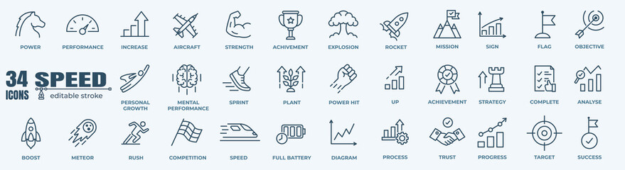 Speed and performance icon set. Containing fast, productivity, indicator, turbo, speeding and speedometer icons. Thin line icon collection. Vector illustration. - obrazy, fototapety, plakaty