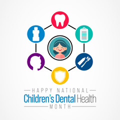 Children's dental health month is observed every year in February, to teach children the importance of good oral hygiene at an early age and visiting the dentist regularly. Vector illustration