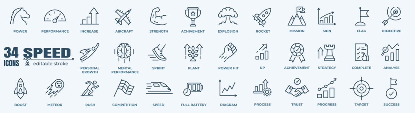 Speed and performance icon set. Containing fast, productivity, indicator, turbo, speeding and speedometer icons. Thin line icon collection. Vector illustration.