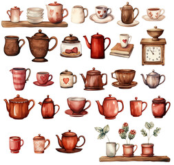 Collection of watercolor mugs and teapots, Valentine's Day