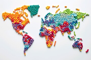 World map made of colorful pills. Pills World Map: Symbolizing Global Pharmacy, Isolated on White Background. Generative ai