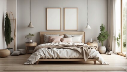 Fototapeta na wymiar Scandinavian farmhouse bedroom interior, poster frame mockup, 3d render