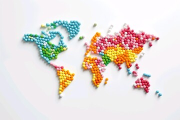 World map made of colorful pills. Pills World Map: Symbolizing Global Pharmacy, Isolated on White Background. Generative ai