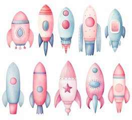 Collection of cute watercolor rockets, pastel colors, Valentine's Day