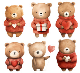 Collection of cute bears. Valentine's Day, watercolor illustration