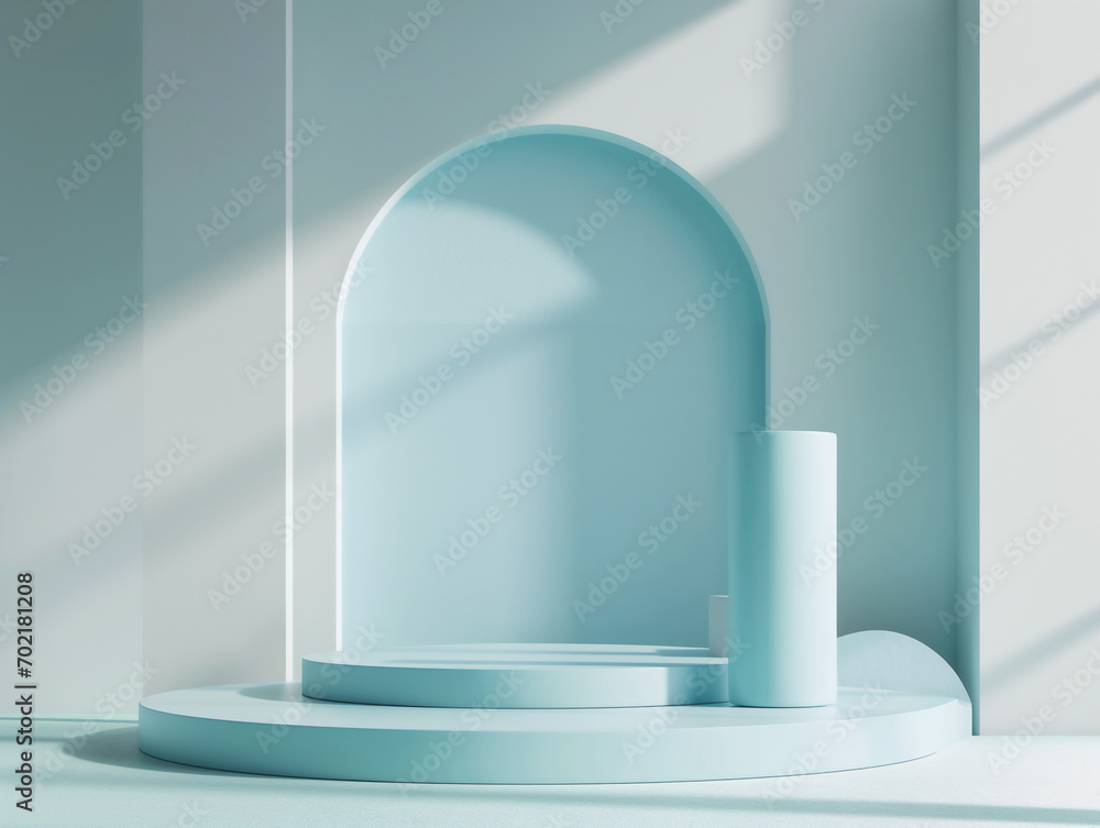 Poster 3d illustration of empty cylinder podium backdrop in light blue color theme for product display. abs