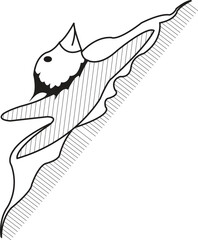 White and black line art vector illustration of a uniquely designed dot character—a little bird chases the horizon with the blue sea and majestic mountains as the backdrop