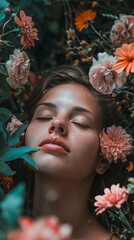 Concept of a beautiful woman immersed in a dream. Girl lies in the flowers