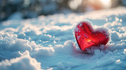 Red heart in cold and snow, Valentine's Day Theme, AI Generative illustration.