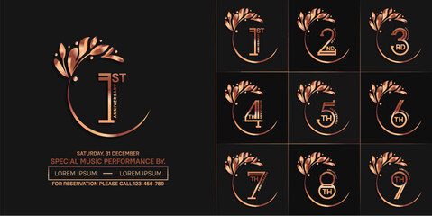 set of anniversary logotype copper color with swoosh and ornament for special celebration event - obrazy, fototapety, plakaty