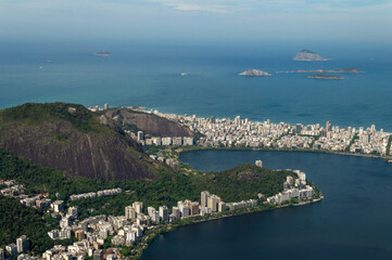 Aerial view of the city of Rodrigo de Freitas lagoon and Leblon in Rio de janeiro. Amazing and characteristic city detail