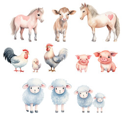 Cute farm animals. Watercolor illustration