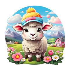 Sticker  watercolor Cute cartoon goat wearing a yellow hat. Farm on the background. Transparent background.  