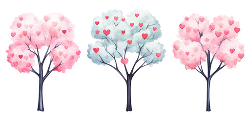 Cute trees with hearts . Valentine's Day, watercolor illustration