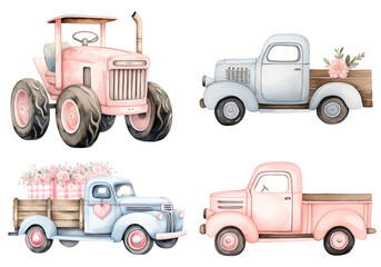 Cute trucks, tractor. Valentine's Day, watercolor illustration