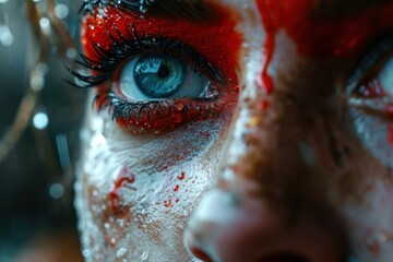 stunning macro photography capturing a woman's portrait, emphasizing her eyes with bold red makeup for a powerful and captivating view