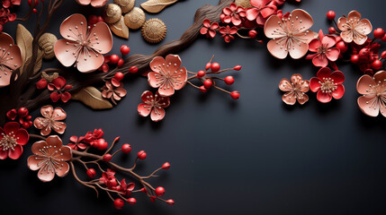 Chinese new year 2024 banner copy space background with oriental Chinese cherry blossoms, top view
