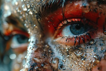 Macro photography showcases the mesmerizing eyes of a woman, adorned with striking red makeup, creating a stunning and impactful portrait