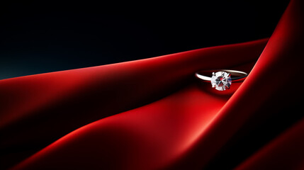 Bellissimo ed elegante anello di fidanzamento con diamante su un tessuto di raso rosso