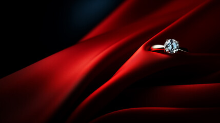 Bellissimo ed elegante anello di fidanzamento con diamante su un tessuto di raso rosso - obrazy, fototapety, plakaty