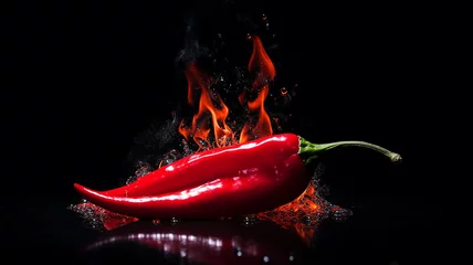 Poster fresh hot red chili pepper on a black background, fiery hot seasoning © kichigin19