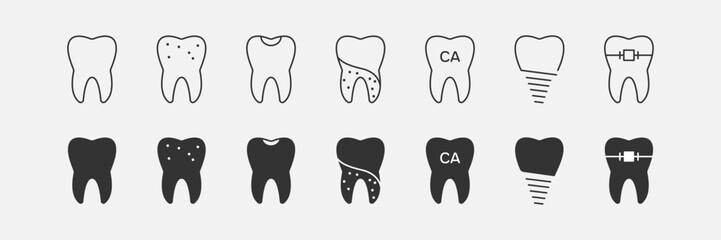 Tooth line and black icons set.  DENTISTRY and Orthodontic symbols. Dentist, Teeth, Human Health, Implant, Dental Braces. Vector illustration