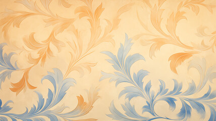 light blue orange gradient delicate background with vintage floral wallpaper ornament on the wall copy space blank, warm glowing shades of cold and warm