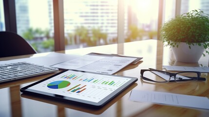 Financial graph on table, high angle and business group photo, with tablet phone and pen