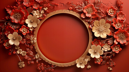 Chinese new year 2024 banner and frame, oriental golden and red Asian flowers on red background, lunar new year celebration card design and copy space