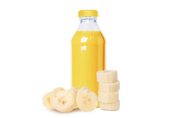 Bottle of fresh banana juice, nectar. A set of bananas whole and pieces. Isolated  © MM