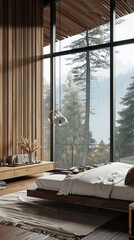 Modern bedroom with an elegant design with wooden accents. A picturesque view of the forest landscape. A combination of modern aesthetics and nature
