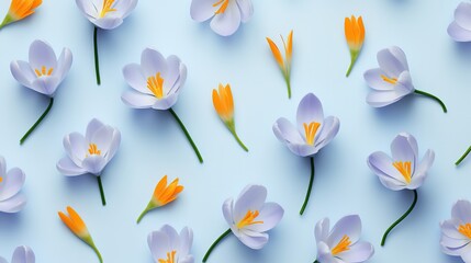 flat lay top view crocus flowers scattered on clean blue background ,fashionable flowers art photo design, Generative Ai - obrazy, fototapety, plakaty