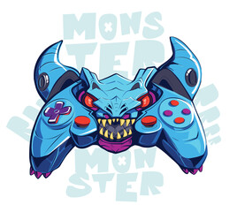 Cartoon monster Gamepad illustration on lettering background. Typography t shirt design with monster gamepad. Gaming print
