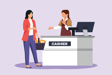 Fototapeta premium Customers paying at checkout and cashier counters concept. Colored flat vector illustration isolated.