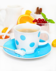 Obraz na płótnie Canvas Delicious breakfast with fresh coffee, fresh waffles and fruits