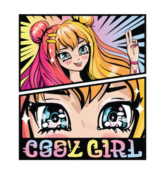 Manga Anime girl eyes. Drawn anime girl with rainbow hair. Isolated on white background. Vector illustration