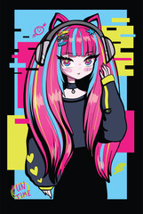 Anime girl with cat ears headphones on digital colorful background. Teenager fashion girl. Japanese woman.