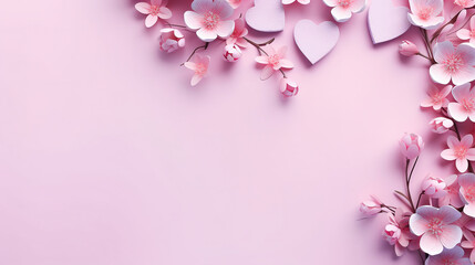 Creative heart layout with pink flowers, paper heart over pink background. Top view, Valentines day Woman day, with empty copy space	

