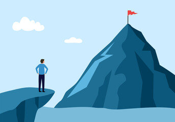 Businessman planning to reach the success flag on top of the mountain in flat design. Symbol of the startup, business finance, achievement and leadership concept vector illustration. - obrazy, fototapety, plakaty