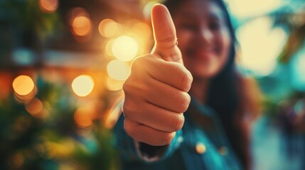 Thumbs up, blurred, and a working woman agree by making a cheerful hand sign. Employees like and smile when they hear that they have achieved their highest professional career goal at work. 