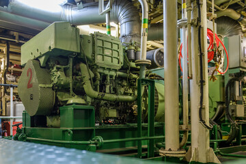 Marine engine. Diesel generator. Engine room interior.