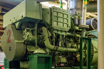 Marine engine. Diesel generator. Engine room interior.